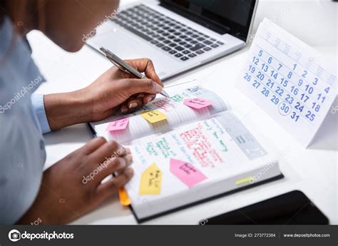 Businesswoman Hand Checking Schedule Diary Calendar White Desk Stock