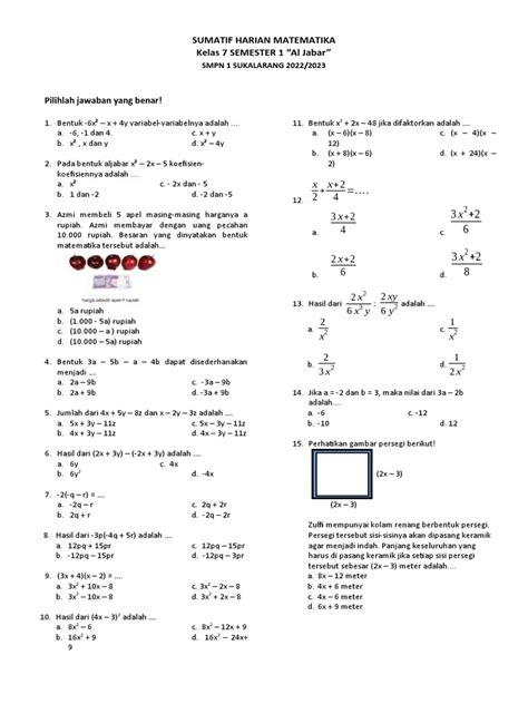 Soal Mtk Kls 7 Aljabar Pdf