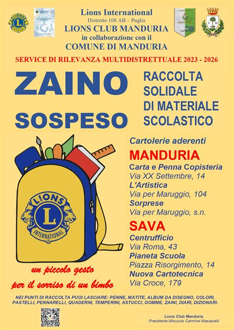 Zaino Sospeso Lions Club Manduria Distretto Lions 108AB Puglia