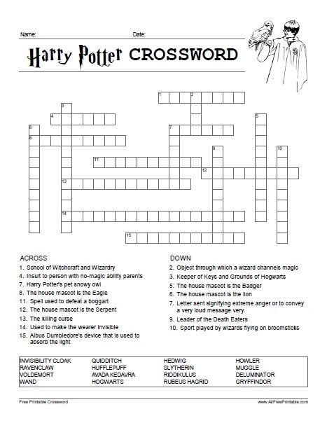 Free Printable Harry Potter Crossword Puzzles