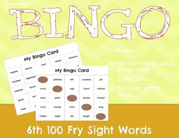 Bingo 6th 100 Fry Sight Words By Eduprintables TPT