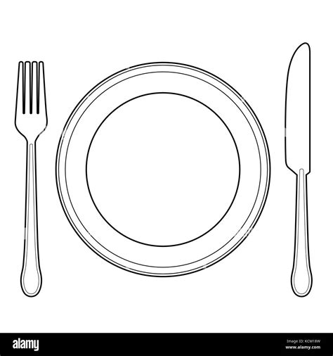 Empty Plate With Knife And Fork On A White Background Linear Style