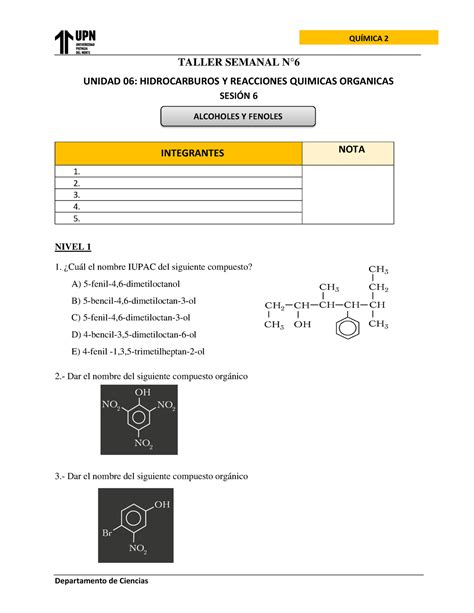 6 Taller Grupal Semanal 6 Departamento de Ciencias QUÍMICA 2 TALLER