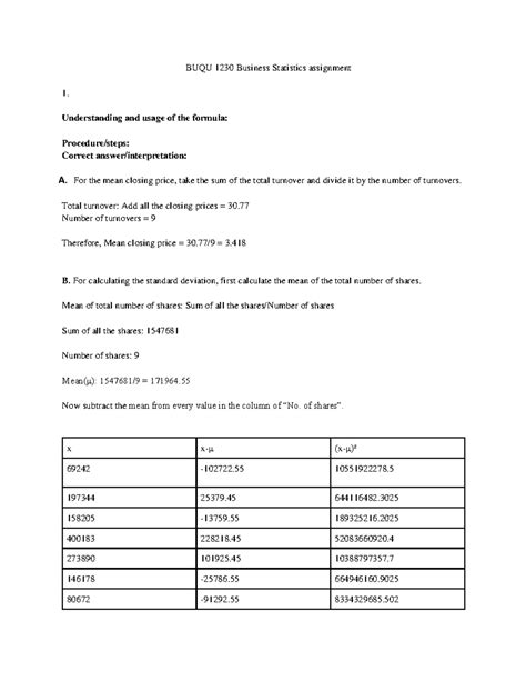 Business Statistics assignment - Understanding and usage of the formula ...