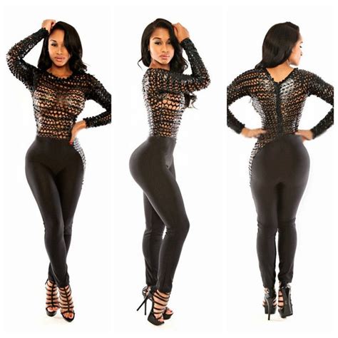 2018 Sexy Black Sheer Bodycon Jumpsuit Pu Leather Splice Hollow Out