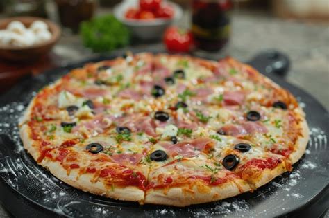 Premium Photo Close Up Front View Of Fresh Hot Pizza On Black Stone