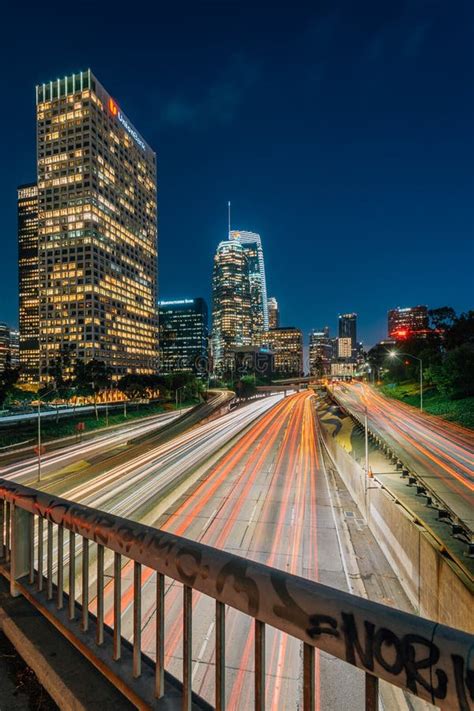 Los Angeles Skyline Cityscape View Of The 110 Freeway At Night In