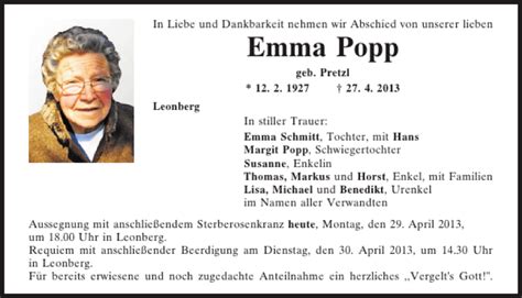 Traueranzeigen Von Emma Popp Mittelbayerische Trauer