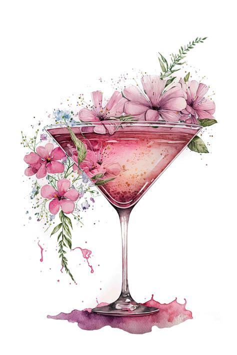 Watercolor Pink Floral Martini Cocktail Digital Art Print Instant