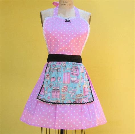 Retro Apron With Vintage Kitchen Print And Pink Polka Dot Retro Apron