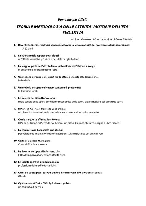 Risposte Teoria E Metodologia Delle Attivita Motorie DELL ETA