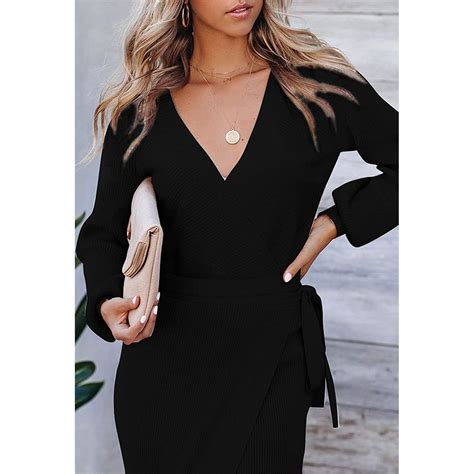 Black Xl Womens Long Dress Elegant V Neck Long Sleeve Pure Color Slit