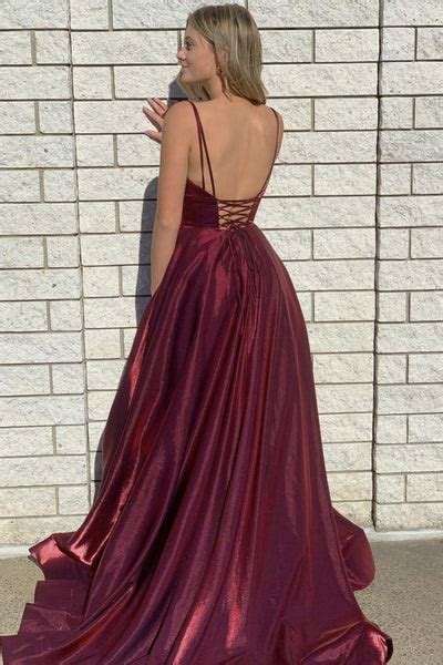 V Neck Backless Burgundy Long Prom Dress With High Slit Backless Burg