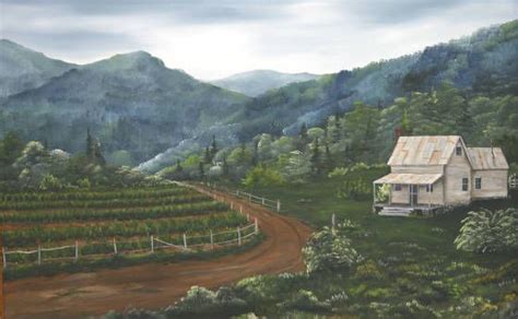 A Painting Of A Farm House In The Mountains