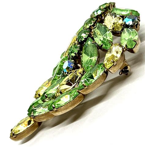 Vintage Green And Yellow Uranium Glass Rhinestone Brooc Gem