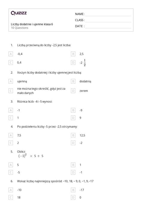 Liczby Dodatnie I Ujemne Klasa Karta Pracy Hot Sex Picture