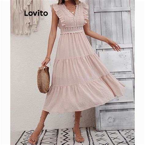 Lovito Vestido Boho Liso Babados Para Mulheres Lnl Luz Rosa