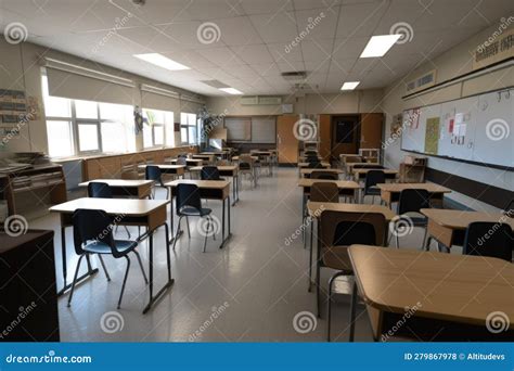 Empty Classroom, with Student Desks and Chairs in Their Place, Ready ...