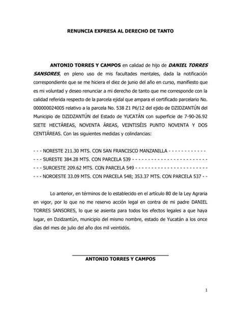 Renuncia Expresa Al Derecho De Tanto Daniel Torres Sansores