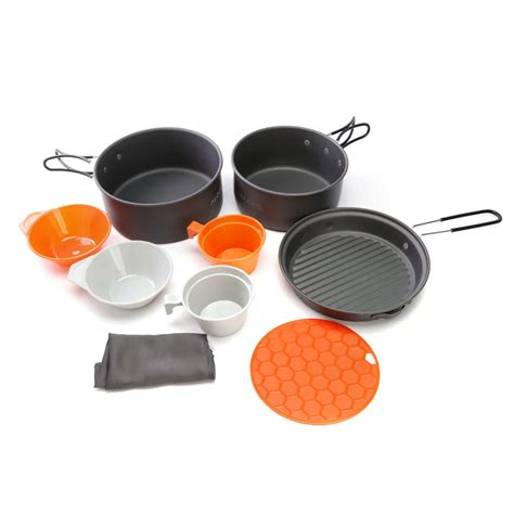 Alocs 9pcs Camping Cookware Set Outdoor Tableware Cooking Set Travel Portable Camping Hiking