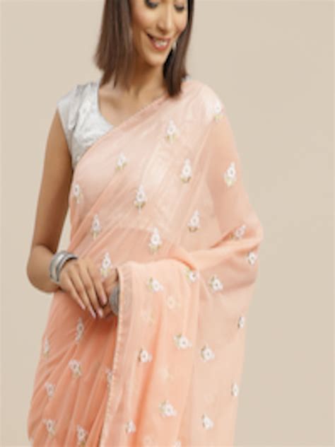 Buy Anouk Peach Coloured White Embroidered Ethnic Motifs Saree