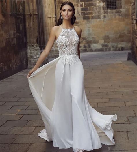 Boho Tuta Abito Da Sposa Backless Chiffon Senza Maniche In Pizzo Abiti