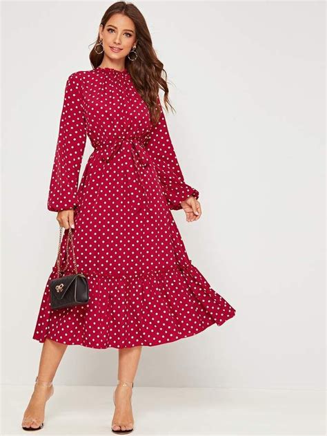 Shein Polka Dot Ruffle Hem Belted Dress Polka Dress Classy Dress