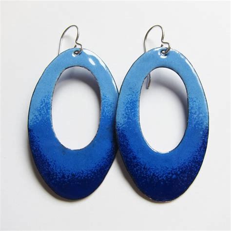 Royal Blue Oval Hoop Earrings Big Blue Enamel Boho By Oxartjewelry