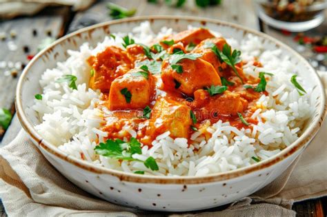 Tikka Masala Curry Chicken Served Over Rice in Bowl. Traditional Indian ...