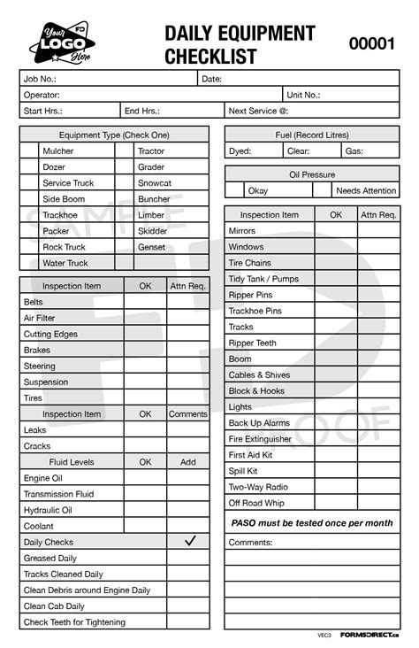 Daily Equipment Checklist Vec Customizable Template Forms Direct