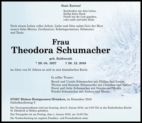 Traueranzeigen Von Theodora Schumacher Rz Trauer De