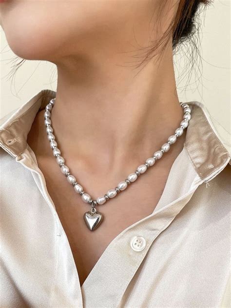 DAZY Heart Pendant Faux Pearl Decor Necklace Heart Pendant Funky