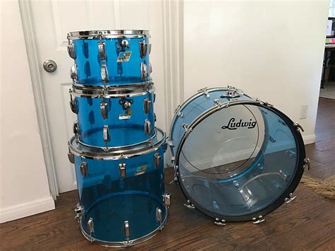 1970 Ludwig Blue Vistalite 4 Piece Drum Kit W 3 Soft Cases Reverb