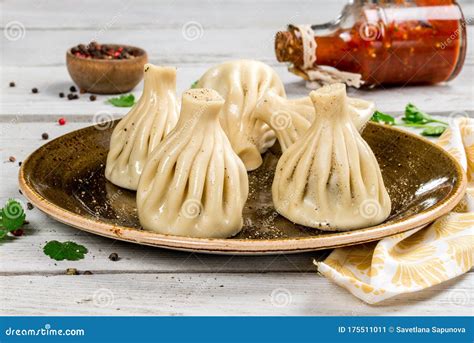 Georgian Khinkali Dish, Meat Inside the Dough Stock Image - Image of ...