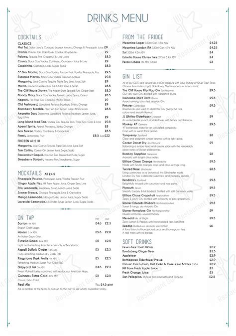 Menu at The Cliff House pub & bar, Barton on Sea