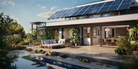 Realistic design of a modern house with solar panels the roof. Green energy. Generative AI ...