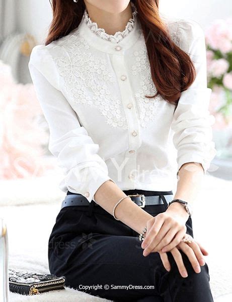 Lace Spliced Elegant Stand Collar Long Sleeve Blouse For Women