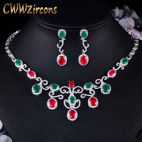 Cwwzircons Vintage African Green Red Cubic Zirconia Wedding Necklace