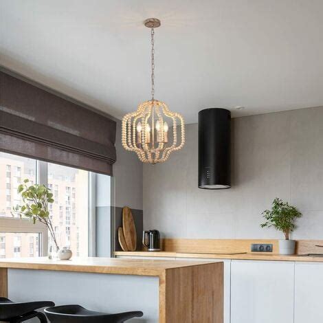 Ganeed Lustre Moderne Suspension Perlée en Bois à 4 Lumières Lustre en