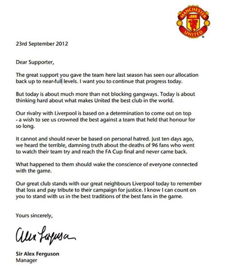 Letter From Alex Ferguson Urging Respect To Be Given To Man Utd Fans At