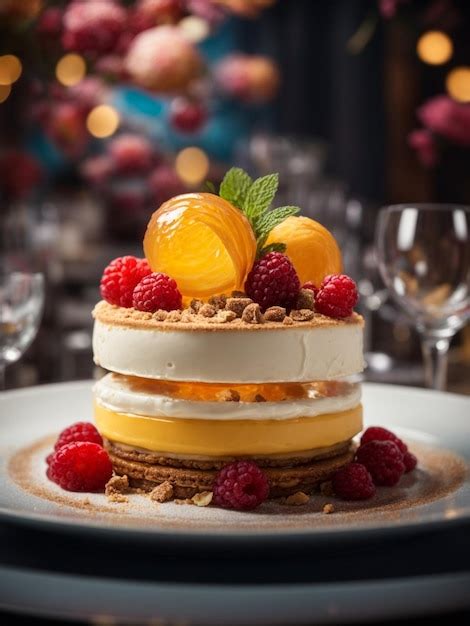 Premium Photo Michelin Starred Dessert Cake With Berries At Fine