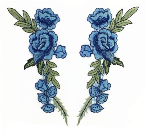 Embroidered Floral Applique Mirror Pair Blue Clothing Patch Craft Motif