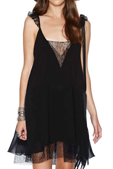 Sexy Sheer Lace Insert Detail V Neck Slip A Line Dress