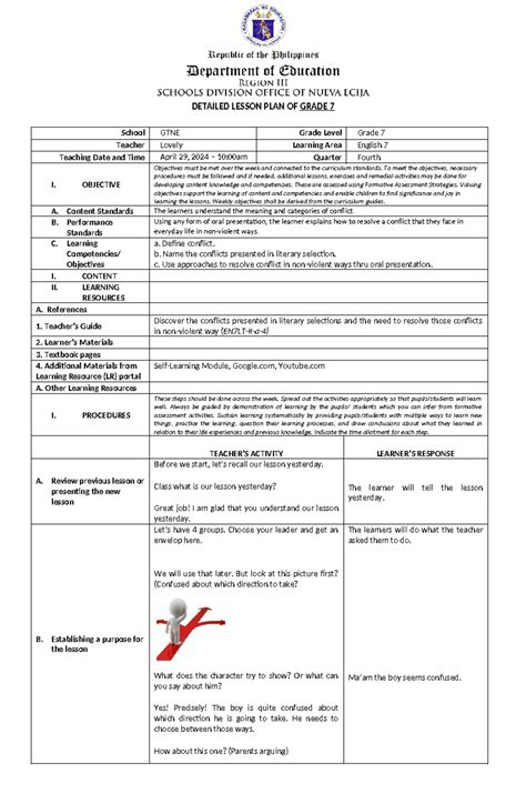 Conflict Grade 7 Detailed Lesson Plan Of Grade 7 School Gtne Grade Level Grade 7 Teacher