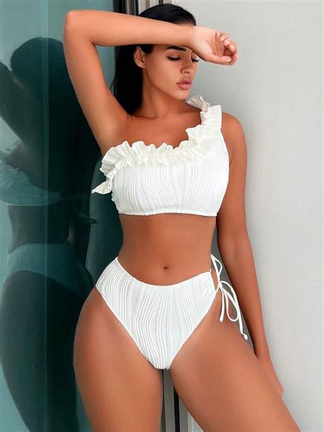 SHEIN SHEIN Swim Chicsea Ruffle Trim One Shoulder Bikini Swimsuit