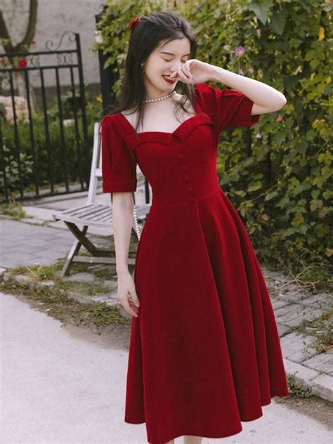 Wine Red Velvet Elegant Midi Dress Korean Style Vintage Dress Etsy