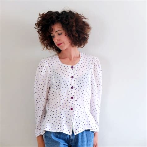 White Purple Polka Dots Blouse 80s Peplum Blouse Ruffled Bottom