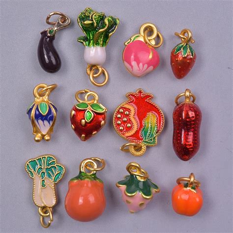 12pcs Mix Stereoscopic Gold Color Fruits And Vegetables Enamel Charms