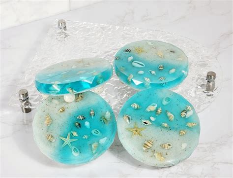 Resin Coaster Ocean Sand Blue Beach Shells 4 Etsy