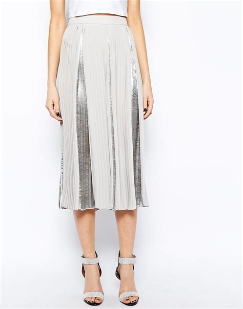 Asos Premium Pleated Midi Skirt With Metallic Inserts In Gray Grey Lyst